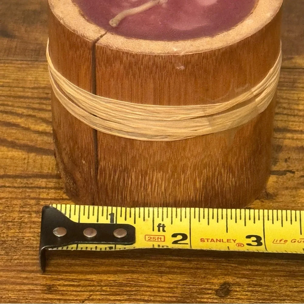 Rustic Wood Bamboo Style Candle ~3in‎ Plum Wax Raffia Tie Boho Decor